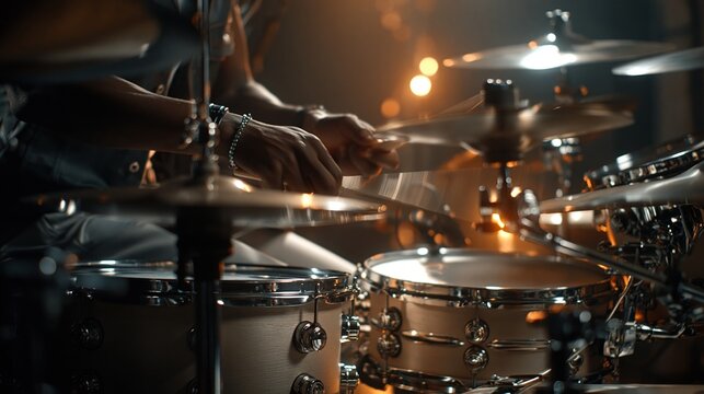 Close-up of a drummer's hands playing a professional drum set with dynamic lighting and bokeh effects