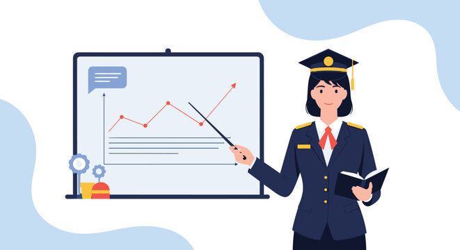 Professional female officer or pilot in uniform stands before a whiteboard, using a pointer to explain an upward trending line graph.