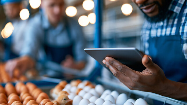 Farmers using modern digital technology to manage egg incubation and monitor young chicks in a professional hatchery environment, smart agriculture and poultry technology concept,