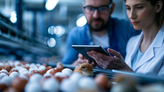 Farmers using modern digital technology to manage egg incubation and monitor young chicks in a professional hatchery environment, smart agriculture and poultry technology concept,