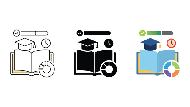 Education and learning analytics icons featuring an open book with a graduation cap and time tracking charts in line solid and colorful gradient styles for academic software and e-learning platforms