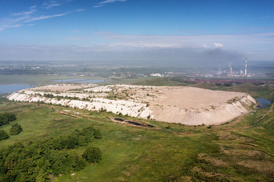 Southern Urals, phosphogypsum dumps of the Meleuz mineral fertilizers plant. Aerial view.