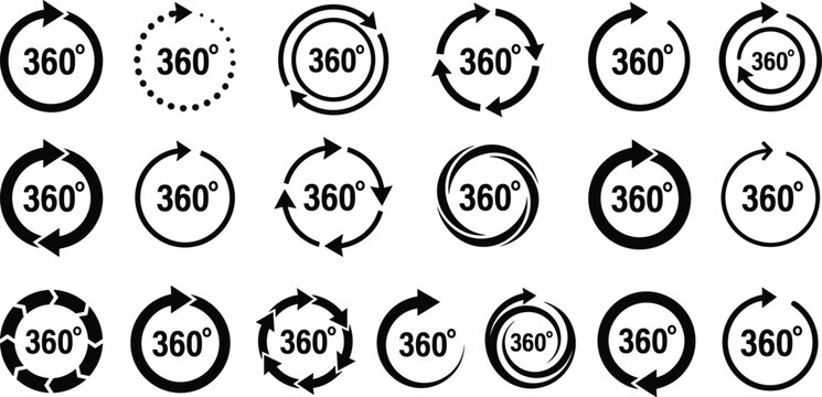 360 Degree Rotation Arrow Icon Vector Set Featuring Circular Loop Symbols, Full Turn Indicators, Refresh Cycles, Spin Directions, and Round Navigation Graphics for UI, Infographics, and Web Design
