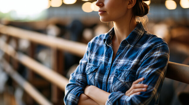 Female farmer standing beside a cattle pen on a ranch, professional woman working with livestock in rural countryside, agriculture and ranching concept, faceless, face not clearly