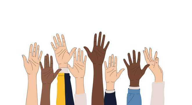 Group of multiethnic hands raised up high representing community support diversity unity and voting rights in society.