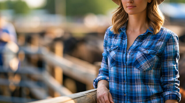 Female farmer standing beside a cattle pen on a ranch, professional woman working with livestock in rural countryside, agriculture and ranching concept, faceless, face not clearly