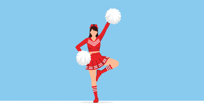 Energetic cheerleader in a bright red and white uniform poses on one leg with large white fluffy pom-poms for a team routine.