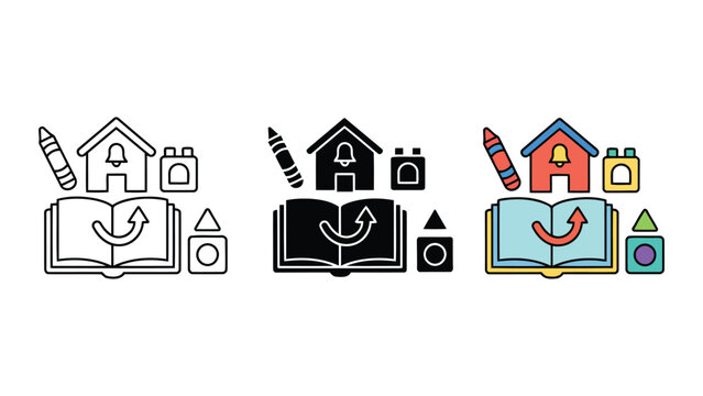School house with bell and open book icon set representing educational development and early learning resources in diverse design styles for children learning apps and school websites