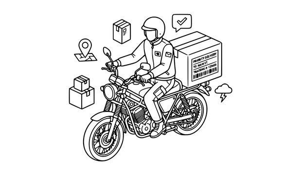 Urban Delivery Scooter Logistics Concept with Courier Moped Parcel Box and Fast Shipping Service Vector Outline Illustration
