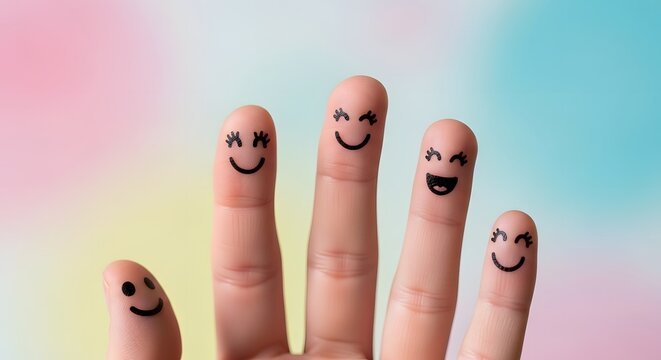 Fingertip family with drawn happy faces showing positive emotions on colorful background.