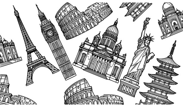 Global Famous Buildings Outline Set Iskakievsky Cathedral Eiffel Tower Big Ben Colosseum Statue of Liberty Japanese Pagoda Vector Illustration Collection