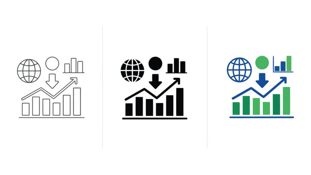 Global business growth analytics with upward trending bar charts and downward arrow icon vector graphic