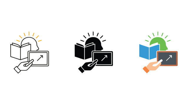 Learning and teaching icon set with open book and tablet screen showing growth trend for educational technology and digital literacy concepts in circular badge style for modern e-learning platforms