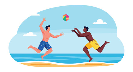 Fototapeta premium Two athletic men enjoy a competitive game of beach volleyball on a sunny shore with a blue ocean and white clouds in the background.