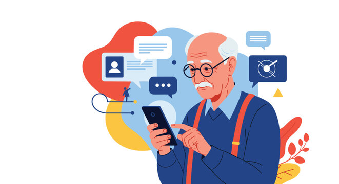 Senior man wearing glasses and suspenders looks curiously at his smartphone screen while surrounded by various digital communication icons.