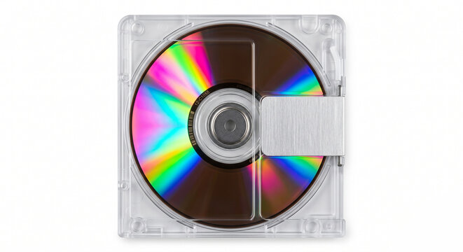 Retro Clear MiniDisc Cartridge Showing Iridescent Rainbow Disc Surface