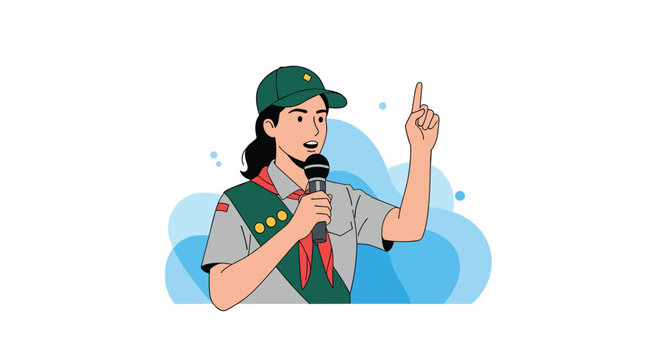 Young scout girl in a green and grey uniform speaks into a microphone while raising her hand during a group activity or event.