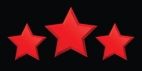Fototapeta premium Three red stars rating rating set in 3D style. Clean geometric star icons representing review, feedback, quality and ranking. Isolated on black background, perfect for UI design, apps, websites, award