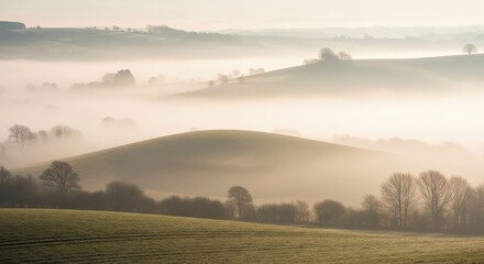 Fototapeta premium Gentle rounded foothills veiled in soft morning fog and light