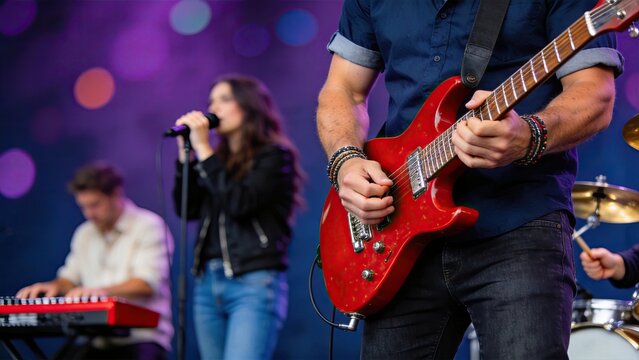 Rock band performing live concert on stage with electric guitar player in foreground, female singer and keyboardist in background under colorful purple lights capturing music