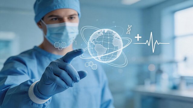 Doctor in surgical scrubs interacting with medical hologram interface showing globe and DNA strand, advanced healthcare technology concept, digital innovation in medicine and