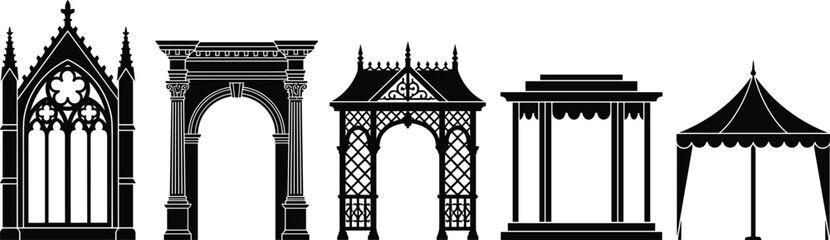 Architectural arch and gazebo silhouettes set featuring gothic and classical archways with outdoor pavilion and tent structures in solid black style © allustra