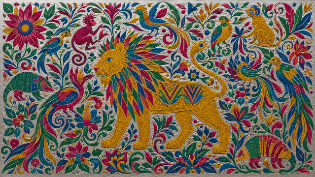 Traditional Mexican Otomi Lion Art Print, Flat Tenango Embroidery Painting on Silver Foil for Global Maximalist Decor