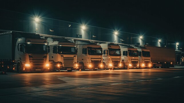 Fleet of commercial trucks parked at a distribution center lot under bright industrial lights at night