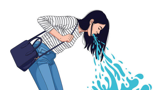 Illustration of a woman in a striped shirt and jeans leaning forward to vomit a large stream of blue liquid representing illness or nausea.