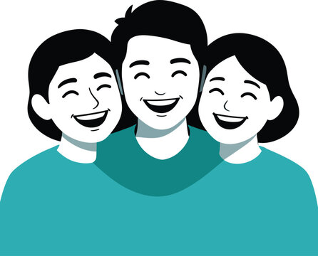 Happy family portrait vector, smiling group of three people illustration, cheerful friends or siblings in flat design style, joyful community concept