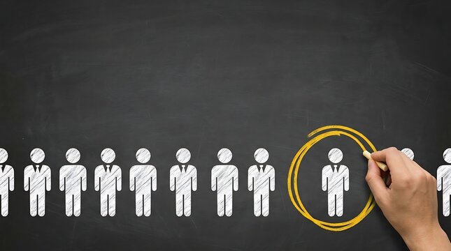Recruitment and hiring concept with candidate selection circle highlighting chosen employee among group of applicants on chalkboard