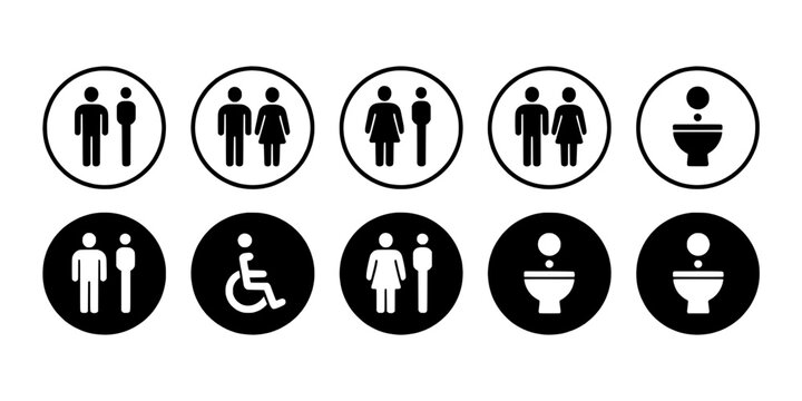Bathroom icons set with gender symbols and toilet symbols featuring restroom, male, female with unisex and accessible elements for wheelchair, urinal