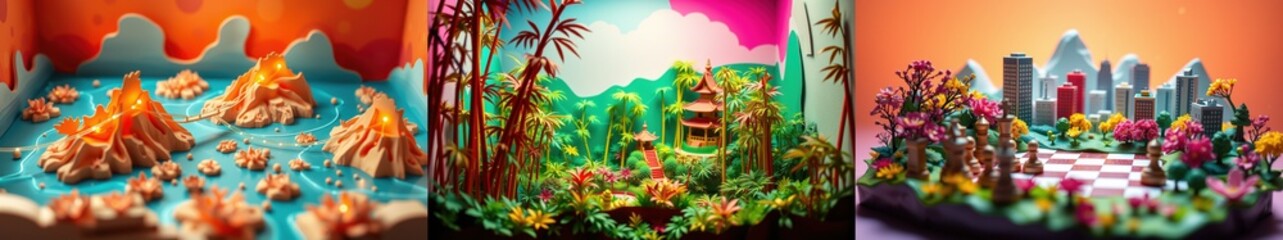 Obraz premium Three distinct landscapes. Volcanoes, jungle, futuristic city. Bright colors, stylized design, playful aesthetic. Miniature worlds, imaginative scenes.