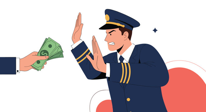 Honest male pilot in a navy blue uniform firmly refuses a bribe being offered by an anonymous hand holding a fan of dollar bills.