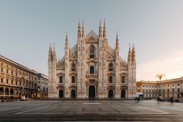 Naklejka premium Majestic Gothic Cathedral Facade Illuminated by Soft Morning Light in a European City Square