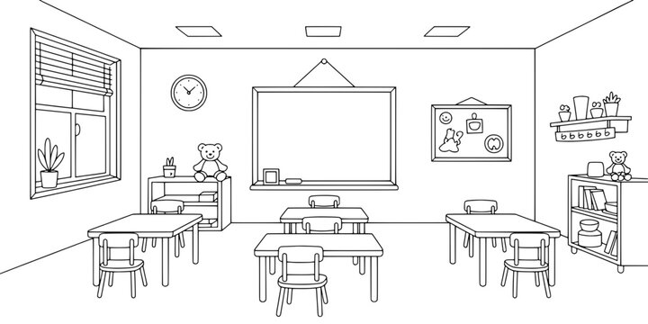Classroom with desks and chairs arranged for learning, educational blackboard and clock on wall featuring desk, chair, table with school and