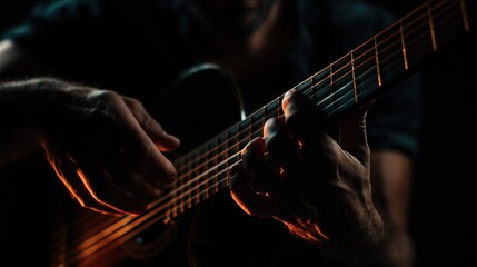 Obraz premium Close up of hands playing an acoustic guitar with warm lighting and shallow depth of field