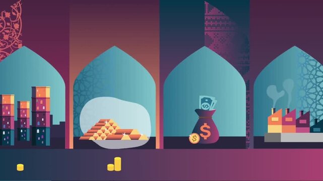 Golden Coins and Religious Cultural Arches in Middle Eastern Theme 2d animation