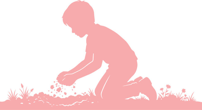 Child playing in dirt, a young boy's silhouette exploring nature, hands sifting soil, childhood innocence, outdoor activity vector graphic isolated on White Background