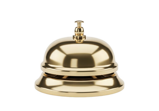 Shiny gold hotel reception service bell with a metallic finish isolated on a solid black background, front view of a desk bell