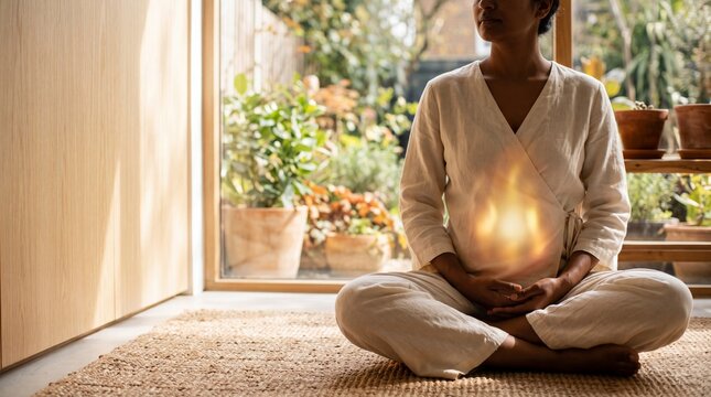 Woman meditating with inner fire visualization in tranquil setting