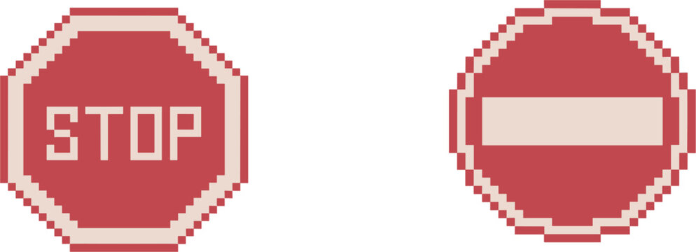 Pixel-style stop and no-entry road sign icon illustration vector design, traffic warning symbols set, red prohibition isolated background