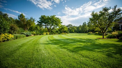 Fototapeta premium Vibrant green manicured lawn with neatly trimmed hedges and mature trees under a clear blue sky with scattered clouds