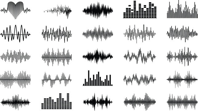 Audio waveform and equalizer icons collection, sound frequency signals for music, podcast, recording and media projects, vector illustration