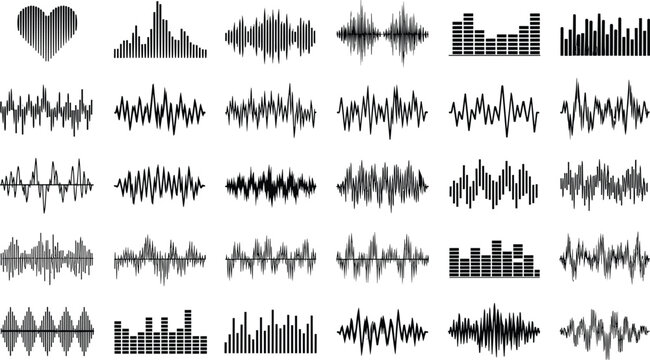 Audio waveform and equalizer icons set, sound frequency visualizers for music, podcast and media design, vector illustration