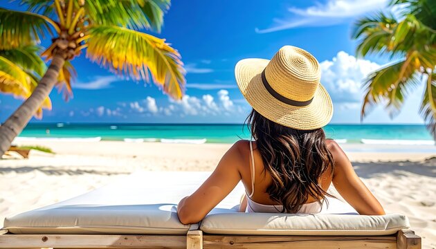 A woman in a hat relaxing on a beach lounge chair