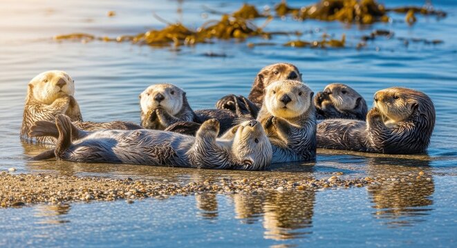 A pod of playful sea otters relaxing in the ocean