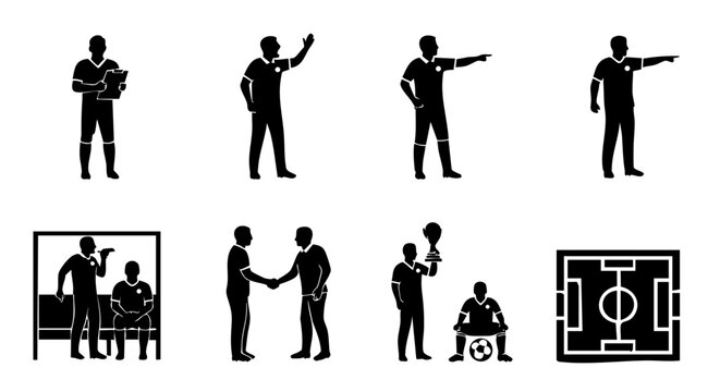 Black Silhouette Soccer Referee and Player Icons Set