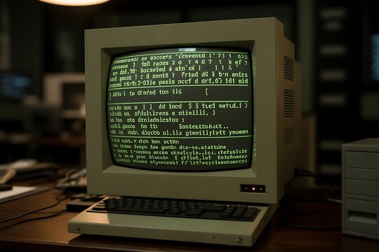 Realistic monochrome green CRT monitor with horizontal scanlines. Green color window with process progress bar for loading and hacking. 80-s hacking UI program.