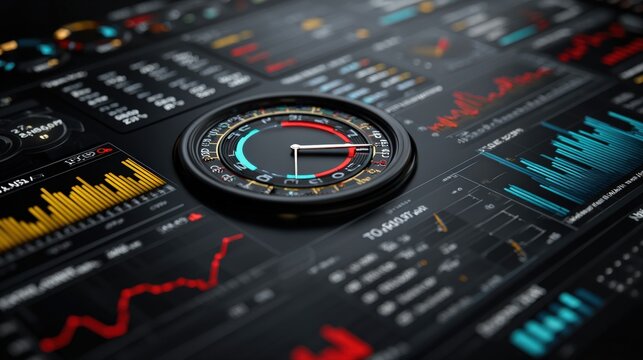 Close-up of financial dashboard with speedometer gauge and colorful stock charts on digital screen
